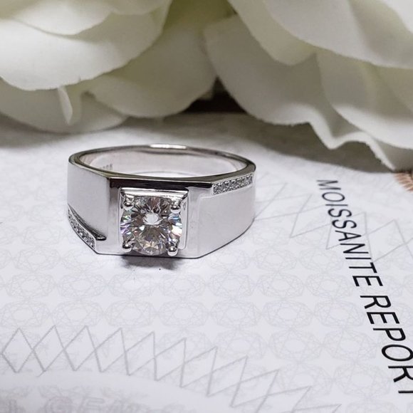 Men Moissanite Ring Engagement Ring 925 Sterling Silver Band for Men (M108) - Picture 5 of 6